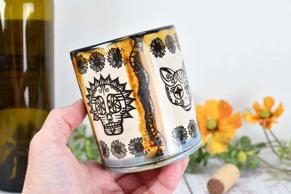 Sugar Skull Ceramic Tumbler, Day of The Dead Cup, BoHo Gift, Gothic Handmade Coffee Stoneware, Hand Painted Pottery, Cat, Dog, Black White