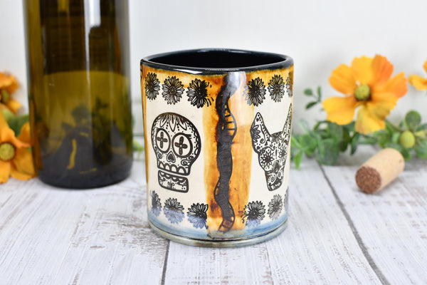 Sugar Skull Ceramic Tumbler, Day of The Dead Cup, BoHo Gift, Gothic Handmade Coffee Stoneware, Hand Painted Pottery, Cat, Dog, Black White