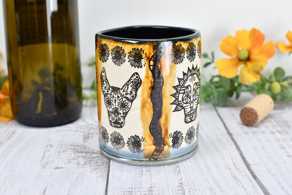 Sugar Skull Ceramic Tumbler, Day of The Dead Cup, BoHo Gift, Gothic Handmade Coffee Stoneware, Hand Painted Pottery, Cat, Dog, Black White