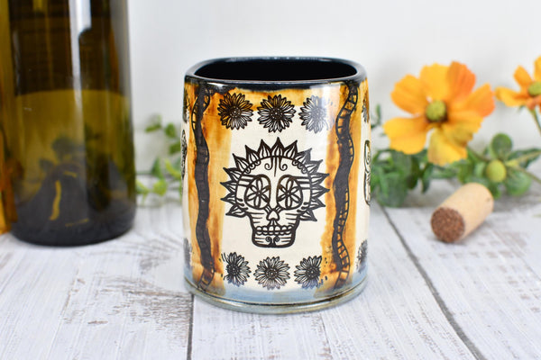 Sugar Skull Ceramic Tumbler, Day of The Dead Cup, BoHo Gift, Gothic Handmade Coffee Stoneware, Hand Painted Pottery, Cat, Dog, Black White