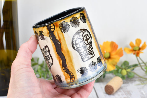 Sugar Skull Ceramic Tumbler, Day of The Dead Cup, BoHo Gift, Gothic Handmade Coffee Stoneware, Hand Painted Pottery, Cat, Dog, Black White