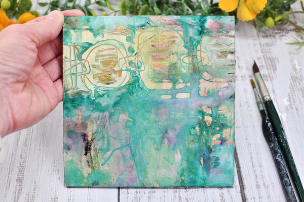 Original Abstract Painting 6x6, Intuitive Art on Panel, Small Unframed Wall Art, Green Yellow French Floral
