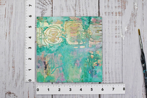 Original Abstract Painting 6x6, Intuitive Art on Panel, Small Unframed Wall Art, Green Yellow French Floral