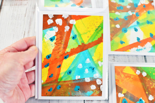 Greeting Card Set, 4 Blank Inside with Hand-Painted Art - Original Mixed Media, Orange Yellow Green Blue Retro