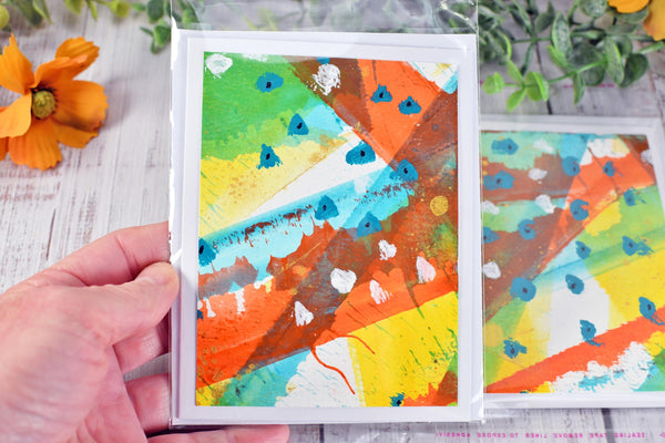 Greeting Card Set, 4 Blank Inside with Hand-Painted Art - Original Mixed Media, Orange Yellow Green Blue Retro