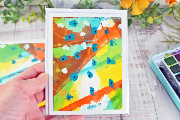 Greeting Card Set, 4 Blank Inside with Hand-Painted Art - Original Mixed Media, Orange Yellow Green Blue Retro