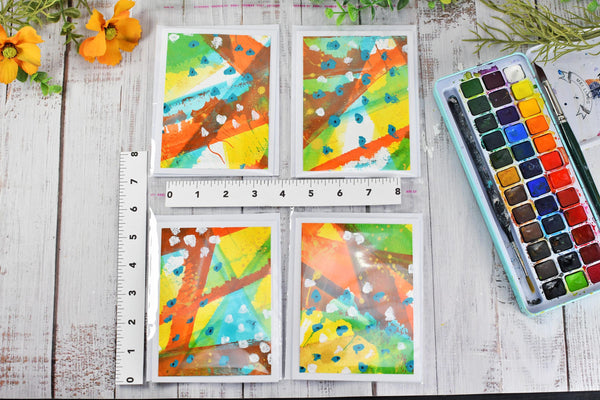 Greeting Card Set, 4 Blank Inside with Hand-Painted Art - Original Mixed Media, Orange Yellow Green Blue Retro