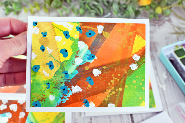 Greeting Card Set, 4 Blank Inside with Hand-Painted Art - Original Mixed Media, Orange Yellow Green Blue Retro