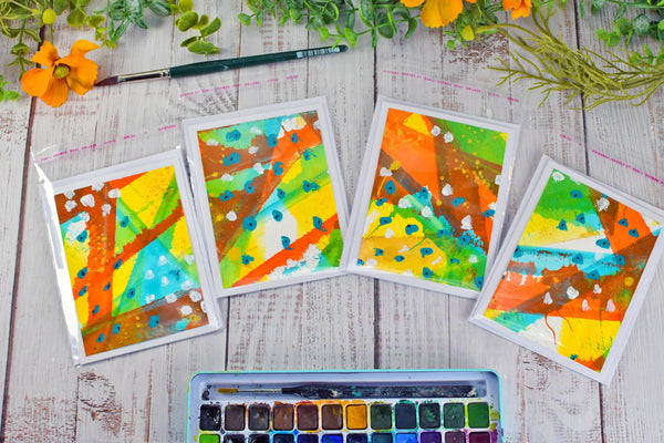 Greeting Card Set, 4 Blank Inside with Hand-Painted Art - Original Mixed Media, Orange Yellow Green Blue Retro
