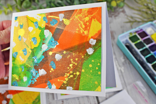 Greeting Card Set, 4 Blank Inside with Hand-Painted Art - Original Mixed Media, Orange Yellow Green Blue Retro
