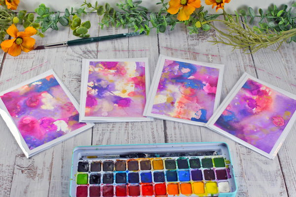 Greeting Card Set, 4 Blank Inside with Hand-Painted Art - Original Mixed Media, Purple Pink Blue Gold Splatter
