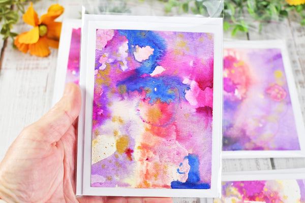 Greeting Card Set, 4 Blank Inside with Hand-Painted Art - Original Mixed Media, Purple Pink Blue Gold Splatter