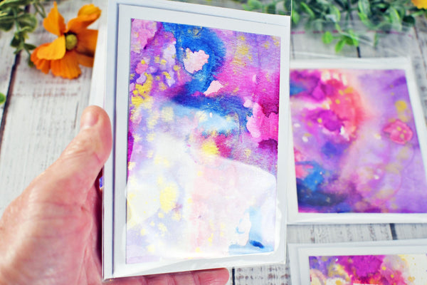 Greeting Card Set, 4 Blank Inside with Hand-Painted Art - Original Mixed Media, Purple Pink Blue Gold Splatter