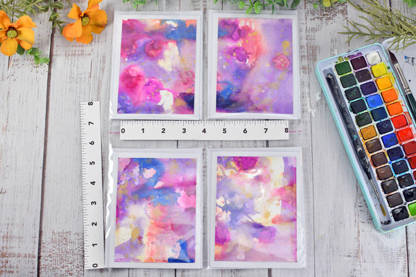 Greeting Card Set, 4 Blank Inside with Hand-Painted Art - Original Mixed Media, Purple Pink Blue Gold Splatter
