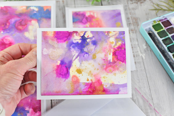 Greeting Card Set, 4 Blank Inside with Hand-Painted Art - Original Mixed Media, Purple Pink Blue Gold Splatter