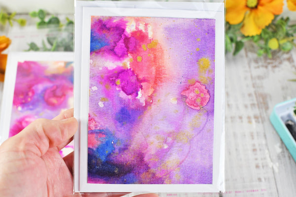 Greeting Card Set, 4 Blank Inside with Hand-Painted Art - Original Mixed Media, Purple Pink Blue Gold Splatter
