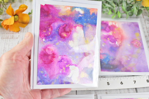 Greeting Card Set, 4 Blank Inside with Hand-Painted Art - Original Mixed Media, Purple Pink Blue Gold Splatter