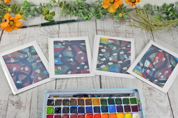Greeting Card Set, 4 Blank Inside with Hand-Painted Art - Original Mixed Media, Black Red Blue Yellow