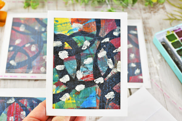 Greeting Card Set, 4 Blank Inside with Hand-Painted Art - Original Mixed Media, Black Red Blue Yellow