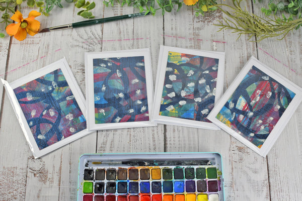 Greeting Card Set, 4 Blank Inside with Hand-Painted Art - Original Mixed Media, Black Red Blue Yellow