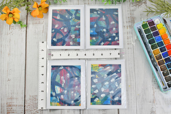 Greeting Card Set, 4 Blank Inside with Hand-Painted Art - Original Mixed Media, Black Red Blue Yellow