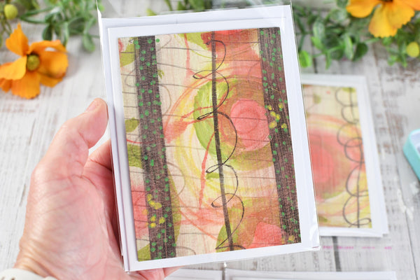 Greeting Card Set, 4 Blank Inside with Hand-Painted Art - Original Mixed Media, Pastel Salmon Pink Yellow Green Brown, Abstract Floral