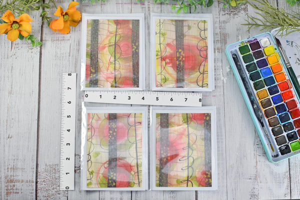 Greeting Card Set, 4 Blank Inside with Hand-Painted Art - Original Mixed Media, Pastel Salmon Pink Yellow Green Brown, Abstract Floral
