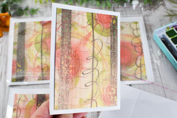 Greeting Card Set, 4 Blank Inside with Hand-Painted Art - Original Mixed Media, Pastel Salmon Pink Yellow Green Brown, Abstract Floral