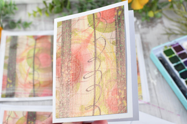 Greeting Card Set, 4 Blank Inside with Hand-Painted Art - Original Mixed Media, Pastel Salmon Pink Yellow Green Brown, Abstract Floral