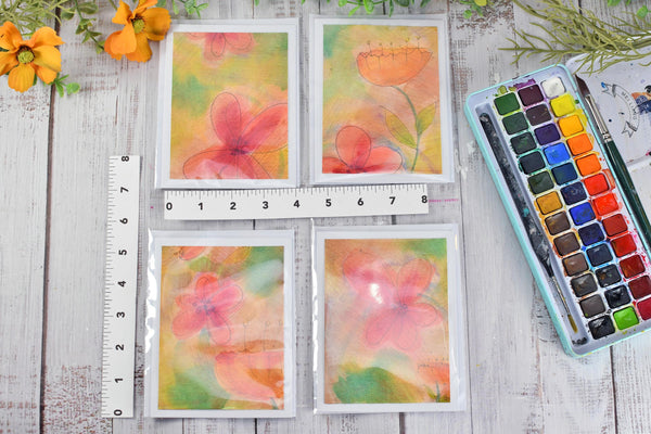 Greeting Card Set, 4 Blank Inside with Hand-Painted Art - Original Mixed Media, Floral Drawing in Pastel Orange Peach Pink Yellow Green