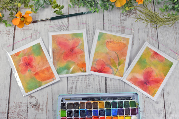 Greeting Card Set, 4 Blank Inside with Hand-Painted Art - Original Mixed Media, Floral Drawing in Pastel Orange Peach Pink Yellow Green