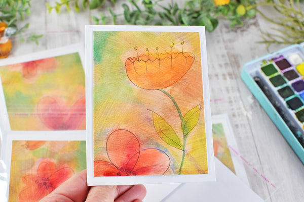 Greeting Card Set, 4 Blank Inside with Hand-Painted Art - Original Mixed Media, Floral Drawing in Pastel Orange Peach Pink Yellow Green