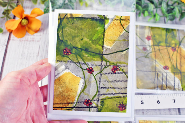Greeting Card Set, 4 Blank Inside with Hand-Painted Art - Original Mixed Media, Floral Drawing in Red Yellow Umber Gray and Olive Green