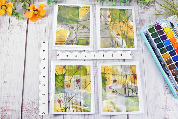 Greeting Card Set, 4 Blank Inside with Hand-Painted Art - Original Mixed Media, Floral Drawing in Red Yellow Umber Gray and Olive Green