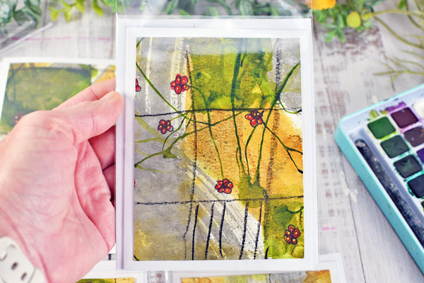 Greeting Card Set, 4 Blank Inside with Hand-Painted Art - Original Mixed Media, Floral Drawing in Red Yellow Umber Gray and Olive Green
