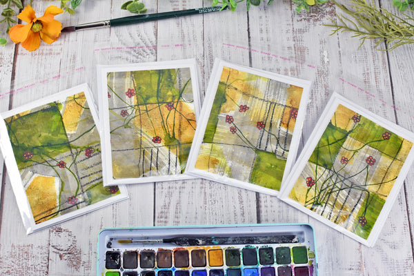 Greeting Card Set, 4 Blank Inside with Hand-Painted Art - Original Mixed Media, Floral Drawing in Red Yellow Umber Gray and Olive Green