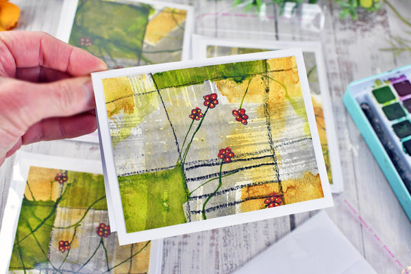 Greeting Card Set, 4 Blank Inside with Hand-Painted Art - Original Mixed Media, Floral Drawing in Red Yellow Umber Gray and Olive Green