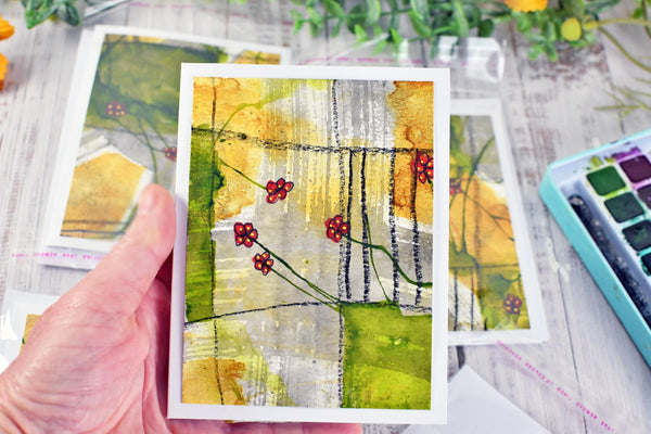 Greeting Card Set, 4 Blank Inside with Hand-Painted Art - Original Mixed Media, Floral Drawing in Red Yellow Umber Gray and Olive Green