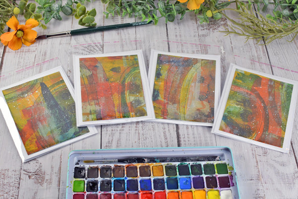 Greeting Card Set, 4 Blank Inside with Hand-Painted Art - Original Mixed Media in Earthy Red, Orange, Yellow, and Olive Green Brush Strokes