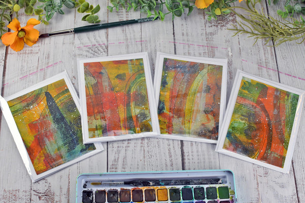 Greeting Card Set, 4 Blank Inside with Hand-Painted Art - Original Mixed Media in Earthy Red, Orange, Yellow, and Olive Green Brush Strokes