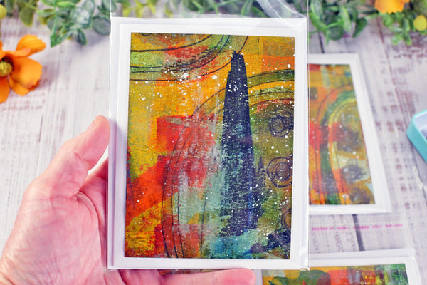Greeting Card Set, 4 Blank Inside with Hand-Painted Art - Original Mixed Media in Earthy Red, Orange, Yellow, and Olive Green Brush Strokes