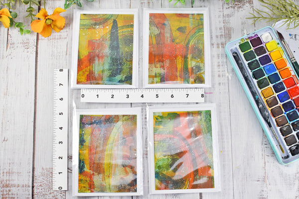 Greeting Card Set, 4 Blank Inside with Hand-Painted Art - Original Mixed Media in Earthy Red, Orange, Yellow, and Olive Green Brush Strokes