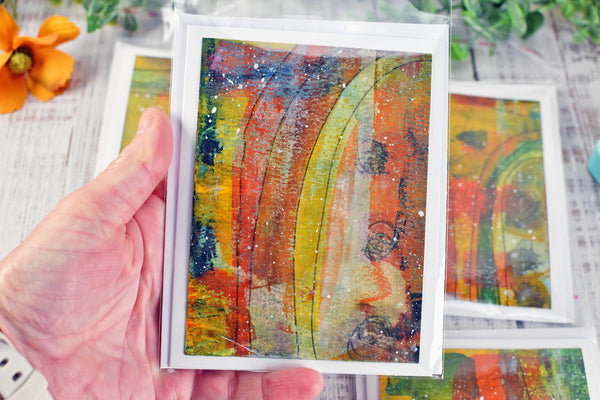 Greeting Card Set, 4 Blank Inside with Hand-Painted Art - Original Mixed Media in Earthy Red, Orange, Yellow, and Olive Green Brush Strokes