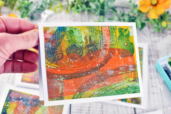 Greeting Card Set, 4 Blank Inside with Hand-Painted Art - Original Mixed Media in Earthy Red, Orange, Yellow, and Olive Green Brush Strokes