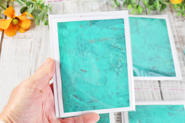 Greeting Card Set, 4 Blank Inside with Hand-Painted Art - Original Mixed Media in Caribbean Turquoise Blue Green and Maroon