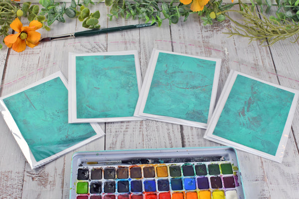 Greeting Card Set, 4 Blank Inside with Hand-Painted Art - Original Mixed Media in Caribbean Turquoise Blue Green and Maroon
