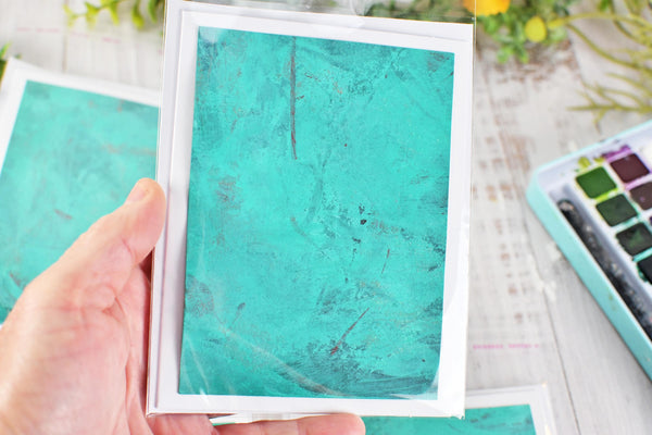 Greeting Card Set, 4 Blank Inside with Hand-Painted Art - Original Mixed Media in Caribbean Turquoise Blue Green and Maroon