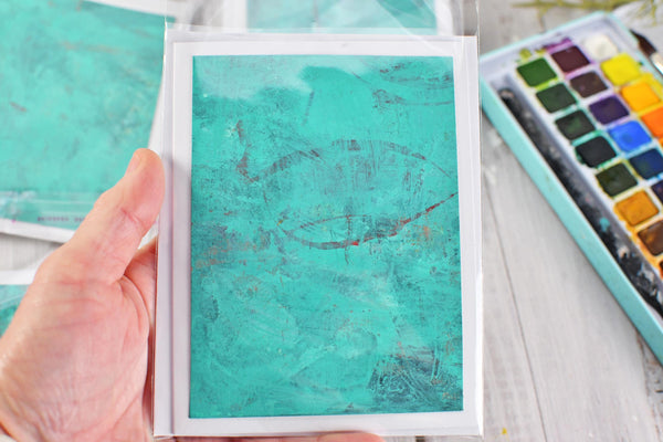 Greeting Card Set, 4 Blank Inside with Hand-Painted Art - Original Mixed Media in Caribbean Turquoise Blue Green and Maroon