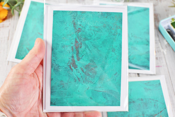 Greeting Card Set, 4 Blank Inside with Hand-Painted Art - Original Mixed Media in Caribbean Turquoise Blue Green and Maroon