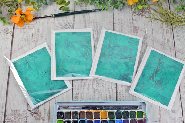 Greeting Card Set, 4 Blank Inside with Hand-Painted Art - Original Mixed Media in Caribbean Turquoise Blue Green and Maroon